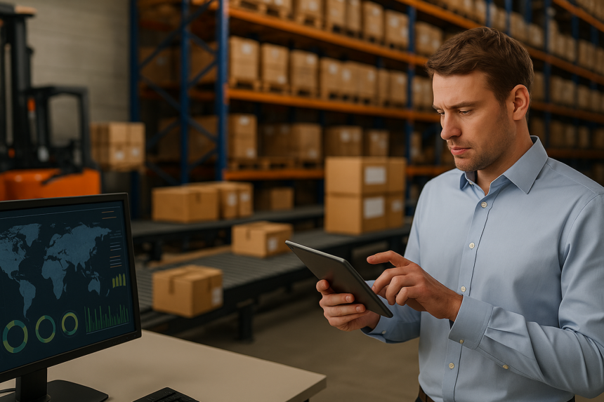 Dynamic view of an advanced supply chain environment with automated systems, warehouse robotics, and modern logistics flow