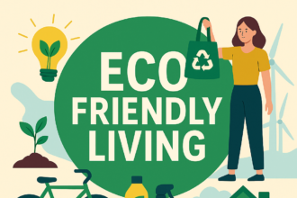 Illustration promoting eco friendly living with green practices and sustainable lifestyle symbols