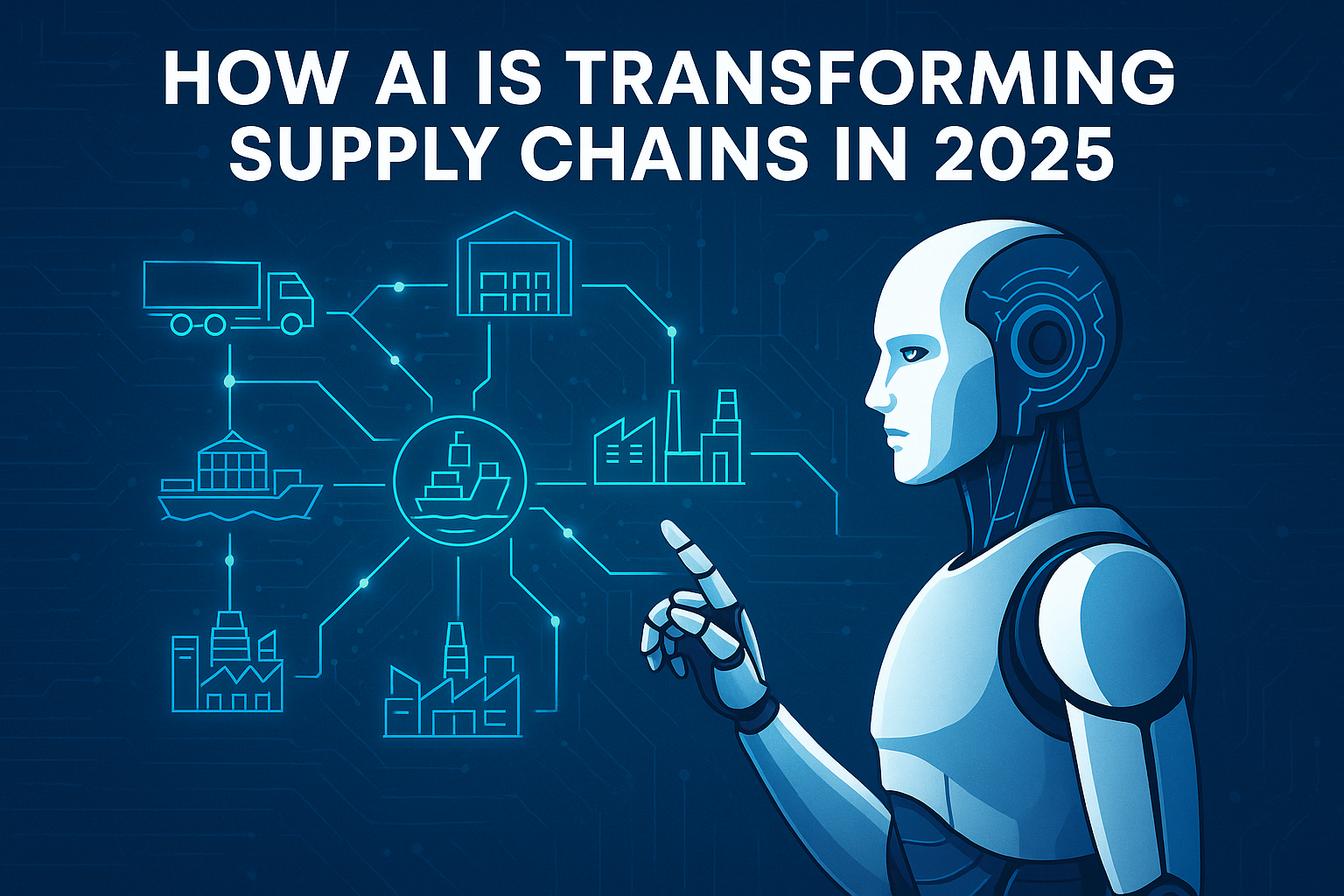 Futuristic illustration of a humanoid robot analyzing a digital supply chain map with icons of trucks, ships, factories, and warehouses, symbolizing artificial intelligence and supply chain management in 2025
