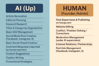 Visual split chart showing AI-managed tasks like content and SEO on one side, and human-led tasks like editing and strategy on the other.