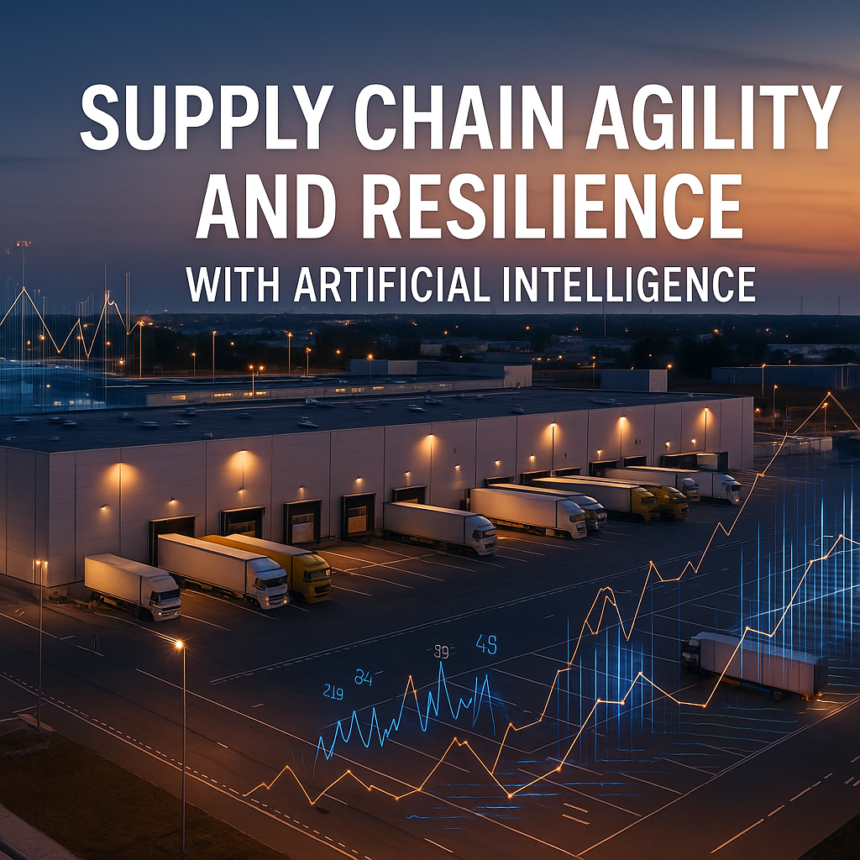 Digital photograph of a logistics hub at twilight with AI-driven data graphics, symbolizing supply chain agility and resilience with artificial intelligence.