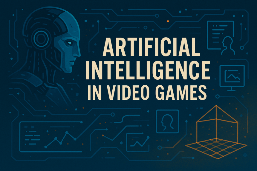 A sleek humanoid AI robot surrounded by digital graphics and gaming interface elements in a futuristic blue-toned environment.