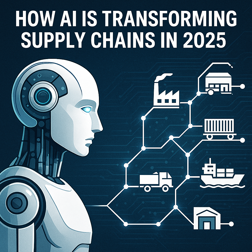 Illustration of a humanoid AI robot analyzing a futuristic supply chain network with icons of trucks, warehouses, ships, and factories connected by digital lines, representing the integration of artificial intelligence and supply chain management in 2025