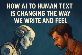 A human writer and a humanoid robot sit at the same table, both holding pencils and composing together on a shared page, illustrating collaboration between human creativity and AI-generated text.