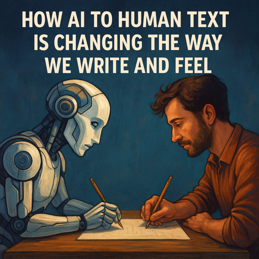 A human writer and a humanoid robot sit at the same table, both holding pencils and composing together on a shared page, illustrating collaboration between human creativity and AI-generated text.