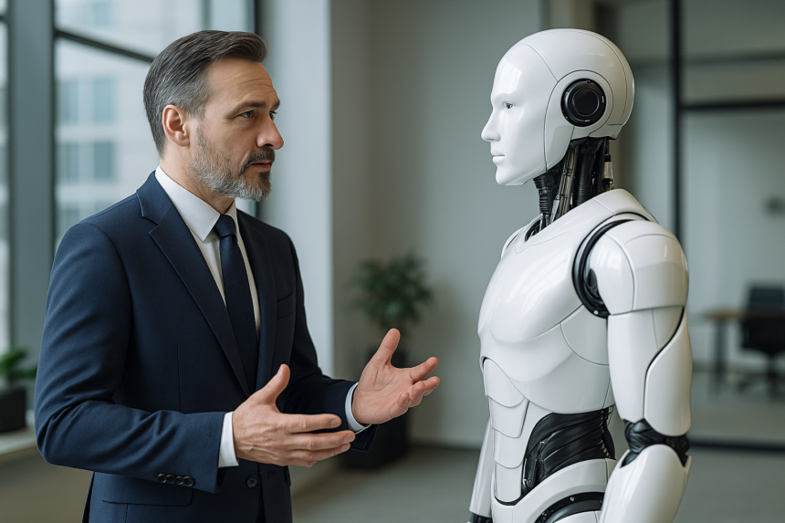 Business executive managing artificial intelligence while conversing with humanoid robot in a modern office setting