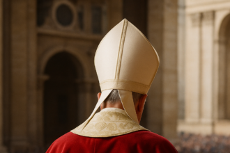 Rear view of Pope Leo XIV standing on the balcony of St. Peter’s Basilica, wearing papal vestments, facing the crowd in the square.