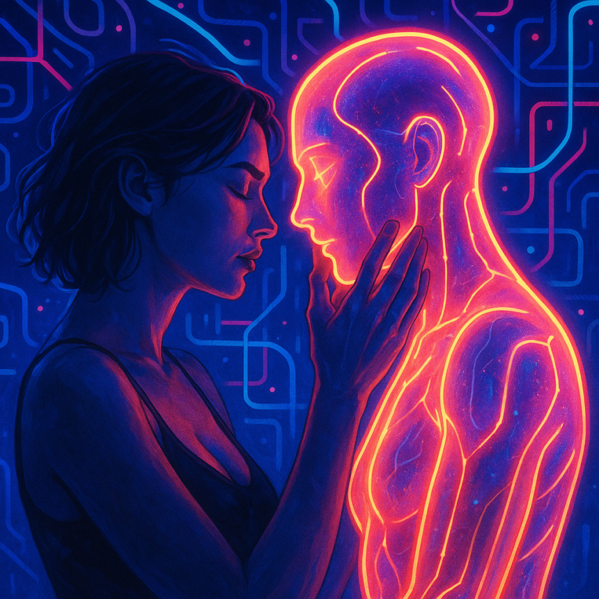 Futuristic artwork showing a human gently touching the face of a glowing AI humanoid, symbolizing emotional intimacy between man and machine.
